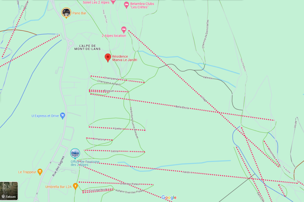Plan google map qui montre l'emplacement de la résidence par rapport aux pistes de ski. Accès très facile à 50m de la résidence